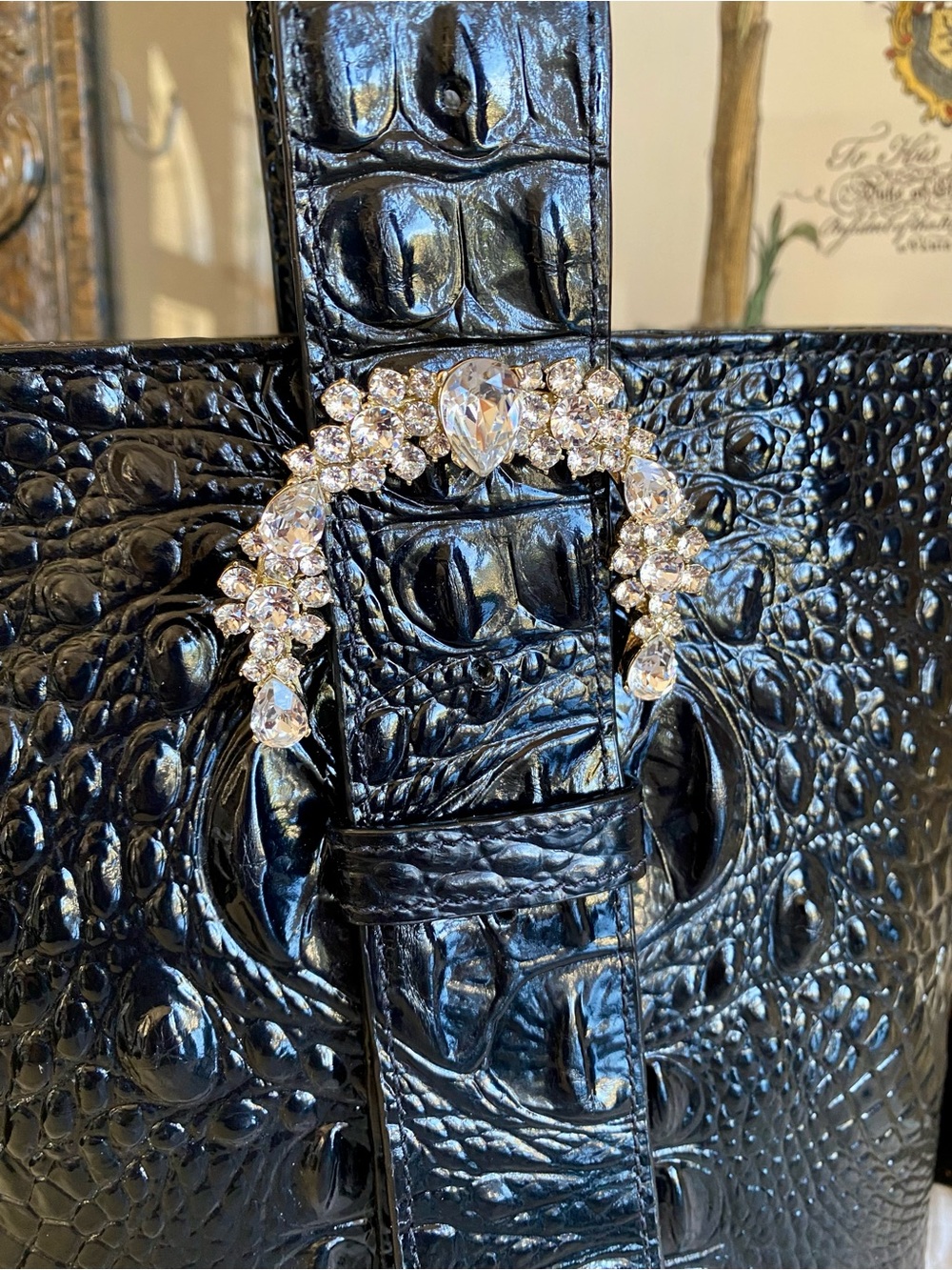 BRAHMIN BLACK LUXE FAITH HANDBAG ~SWAROVSKI CRYSTALS (($365)) Luxury Black Croc - Picture 3 of 14